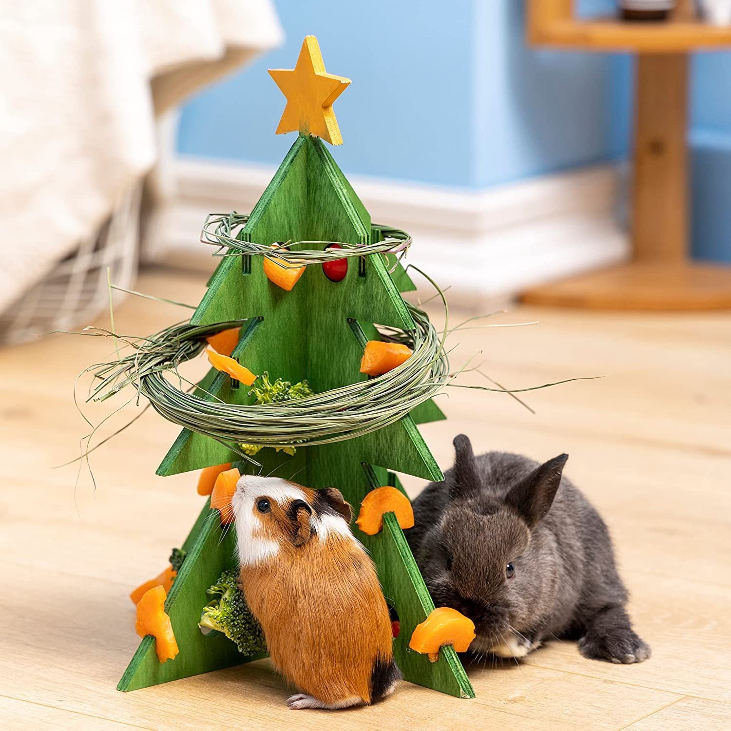 Christmas Tree Rabbit Feeder Wooden Guinea